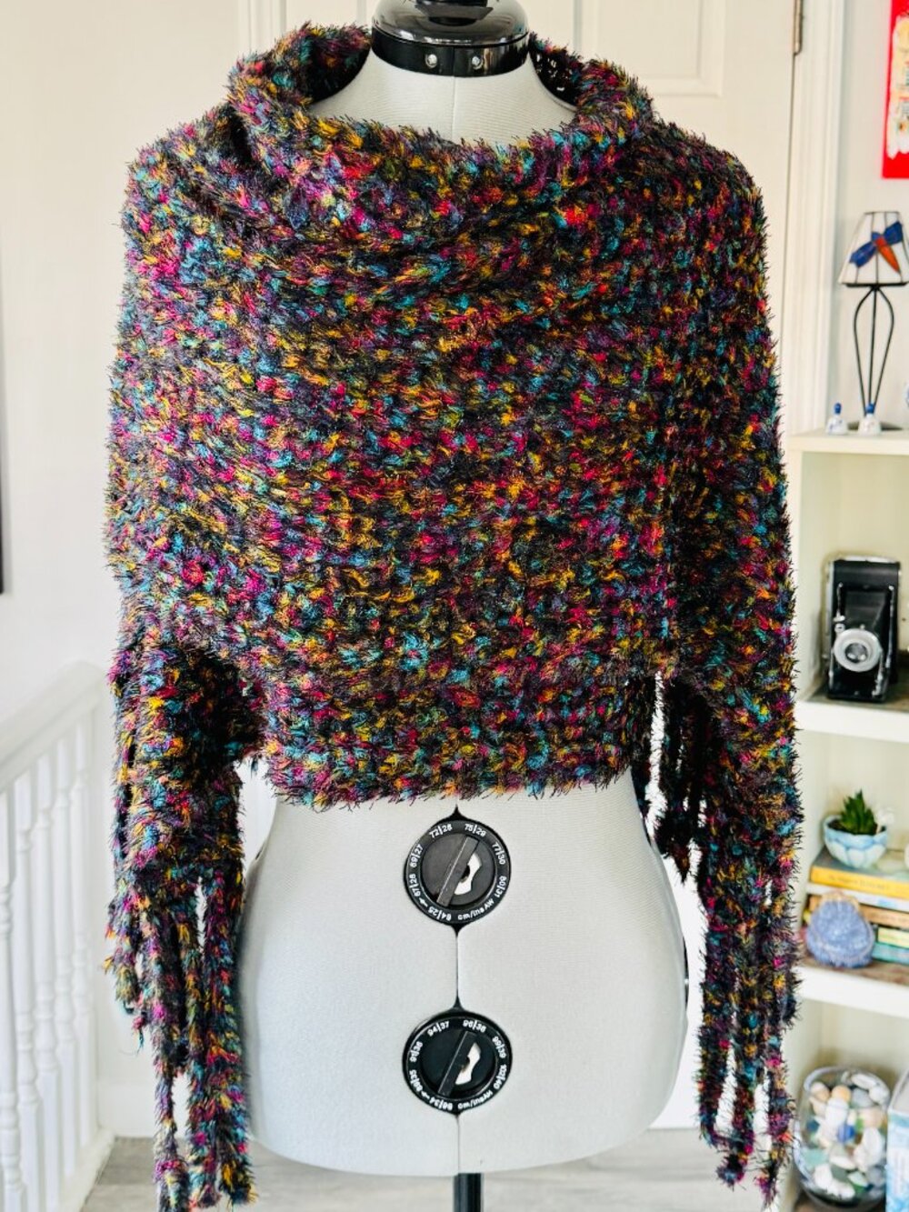 Vintage henri bendel Multicolor Eyelash & Fringe Knit Shawl